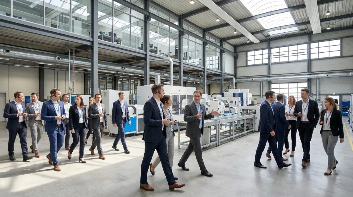 Multiple independent tour groups use multichannel tour guide systems in the same space at a large-scale manufacturing visit Multiple independent tour groups use multichannel tour guide systems in the same space at a large-scale manufacturing visit