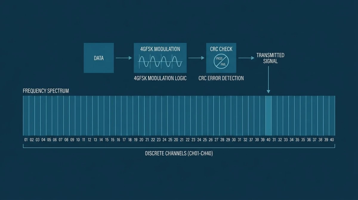 Technical diagram of spectrum division for multichannel tour guide system with 4GFSK modulation and CRC error check Technical diagram of spectrum division for multichannel tour guide system with 4GFSK modulation and CRC error check